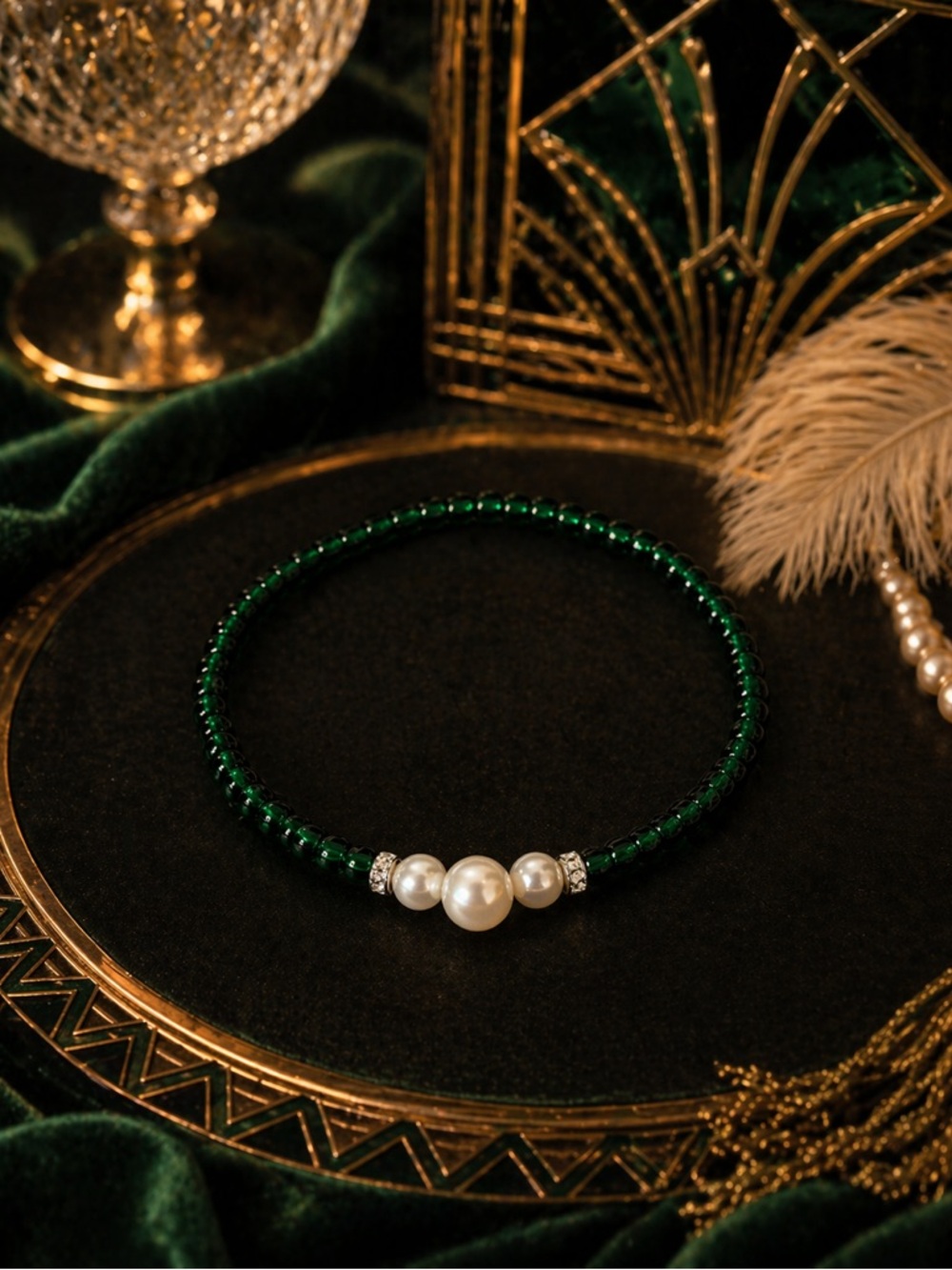 Emerald Pearl Beaded Bracelet Set | Vintage Glam Art Deco Inspired Duo 9” - Picture 2 of 5